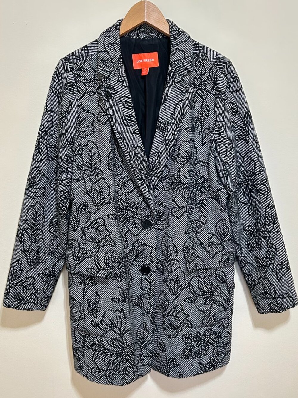 Joe Fresh Jacquard Herring Bone & Floral Print Coat Black & Cream Size L